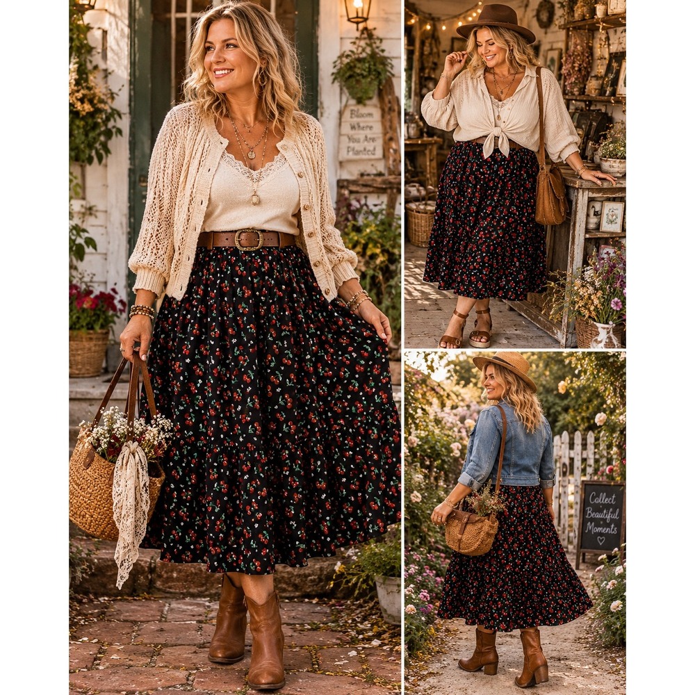 Boho Cottagecore Y2K 90s Black Red Cherry Retro Pull On Plus 2XL Midi Skirt